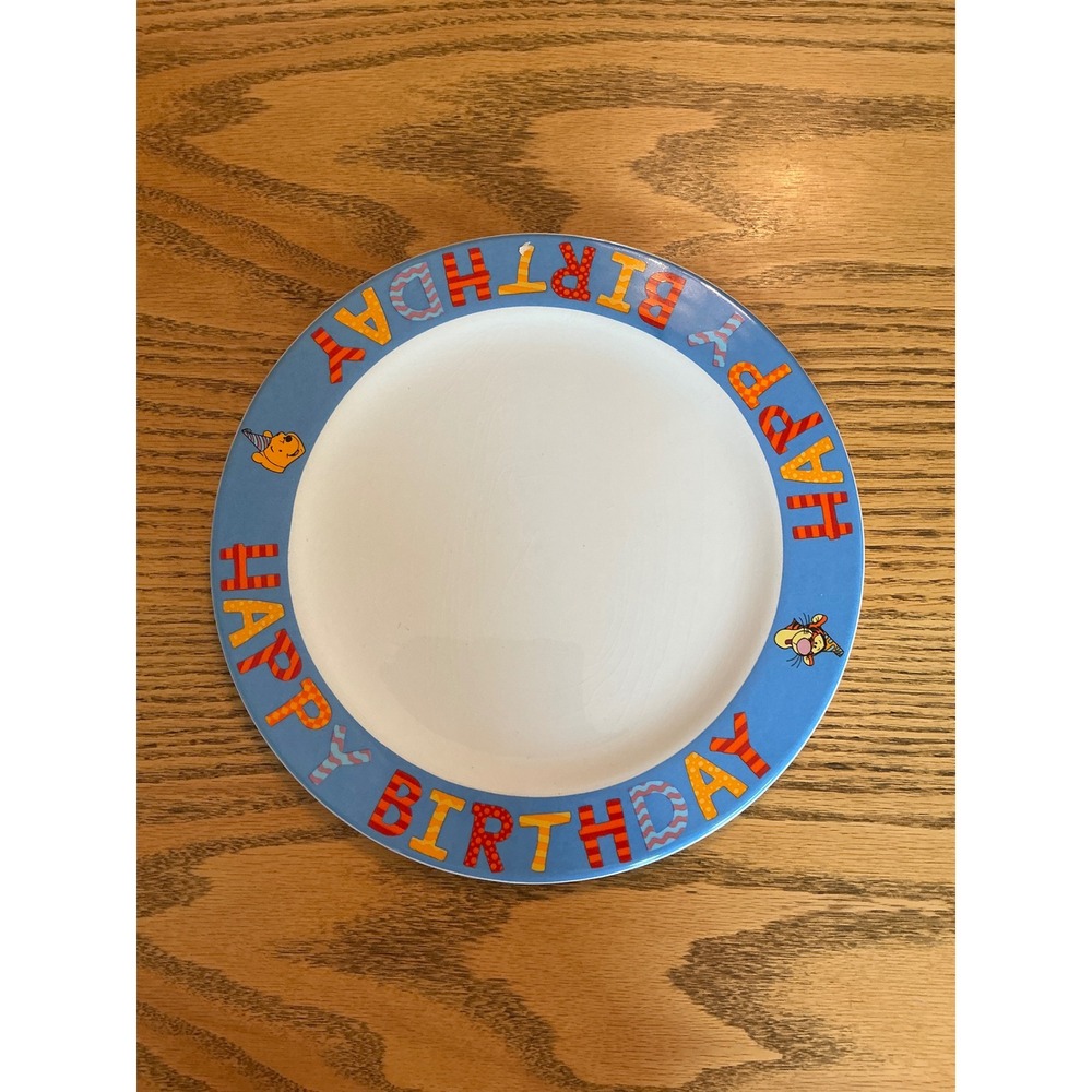 Disney Winnie the Pooh Happy Birthday Plate Tigger Eeyore Blue Rim 12 Inch
